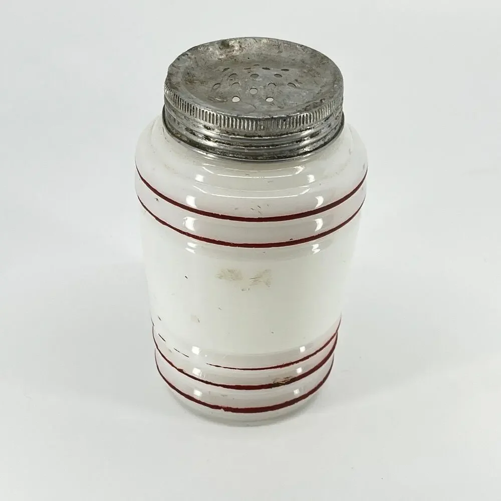 1940s Hazel Atlas Red Stripe Platonite Beehive Flour Shaker Milk Glass 4.5” TH9